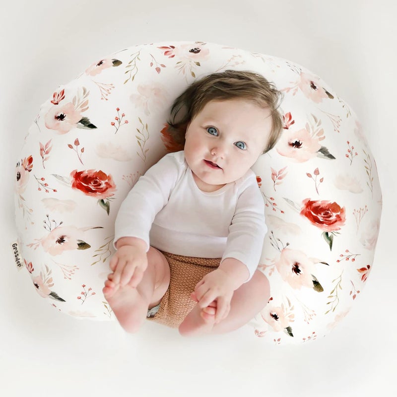 GRSSDER Nursing Pillow Cover Stretchy Minky Removable Nursing Covers for Breastfeeding Pillows, Ultra Soft Comfortable Slipcover for Boy and Girls, Pretty Watercolor Rose Flora, Orange Pink - Image 2